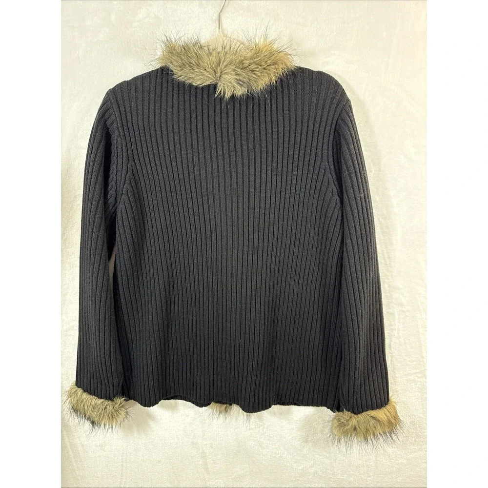 Preston & York Womens Black Sweater Cardigan Faux Fur Collar L embroidered
